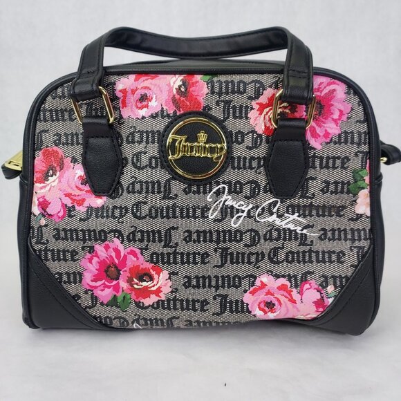 Juicy Couture Purse Black White Billboard Tote Pink Flower Satchel Bag Logo - Picture 1 of 16